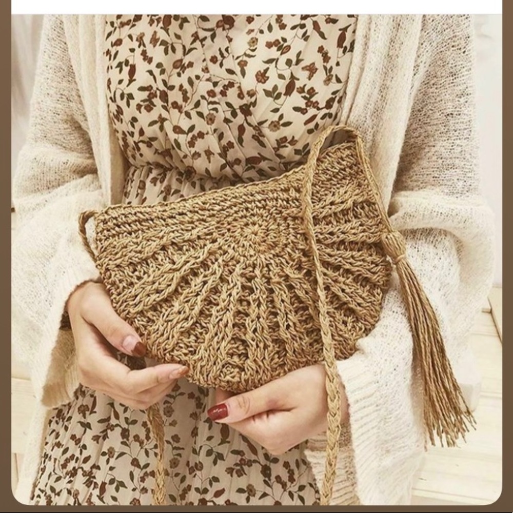 Round Straw Beach Bag Vintage Handmade Woven